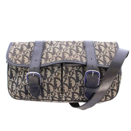 Christian DIOR Trotter Canvas Shoulder Bag Leather Switch Logo Bicolor Black