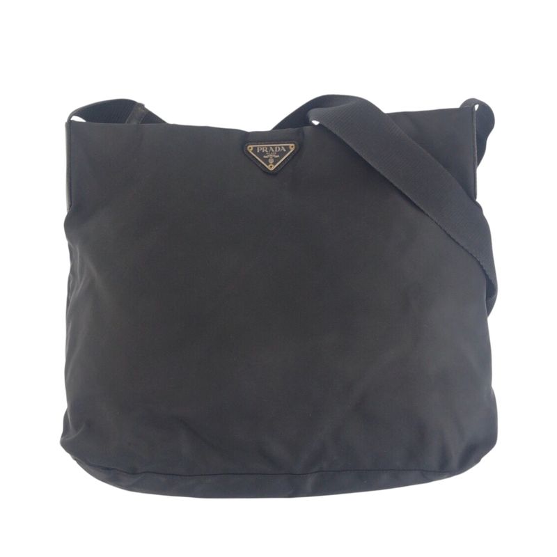Prada Tessuto Triangle Logo Plate Black Silver Hardware Shoulder Bag Messenger