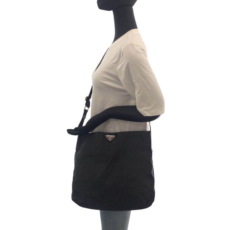Prada Tessuto Triangle Logo Plate Black Silver Hardware Shoulder Bag Messenger