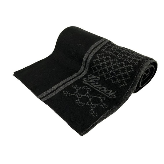Gucci Scarf - Black And Dark Gray Horsebit Interlocking G Wool