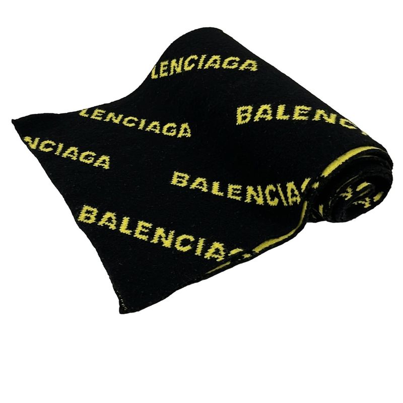 Balenciaga Scarf - Black And Yellow Total Logo Wool
