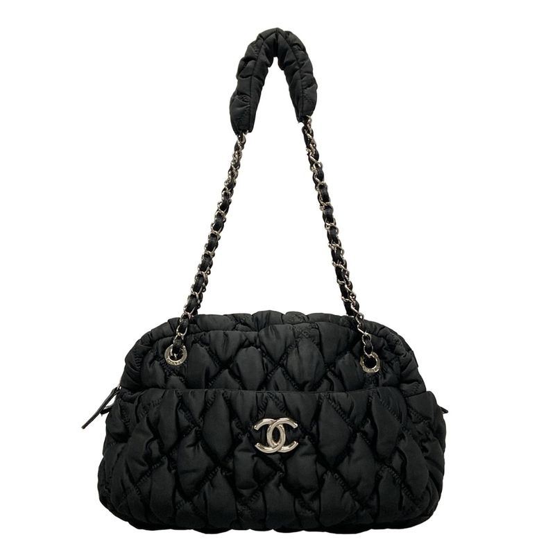 Chanel Shoulder Bag Bubble Quilt Black Chain Shoulder Silver Hardware