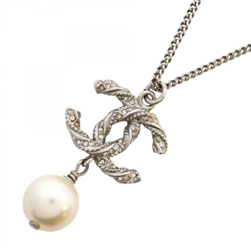 Chanel Necklace Coco Mark Metal Faux Pearl Rhinestone Silver Ladies