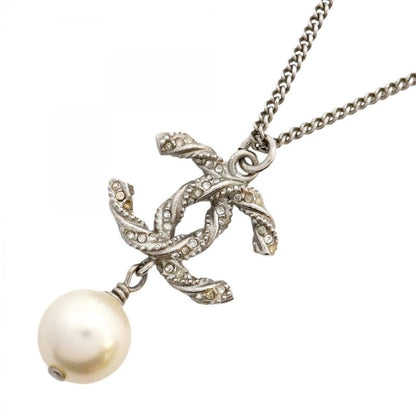 Chanel Necklace Coco Mark Metal Faux Pearl Rhinestone Silver Ladies