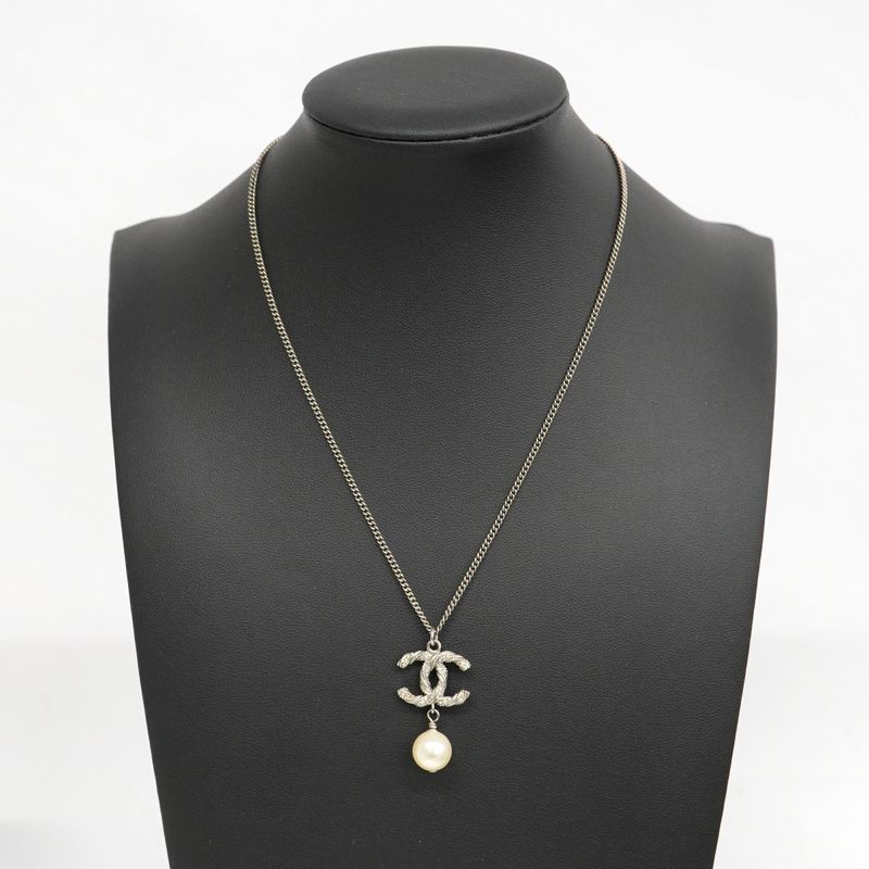 Chanel Necklace Coco Mark Metal Faux Pearl Rhinestone Silver Ladies