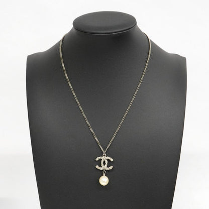 Chanel Necklace Coco Mark Metal Faux Pearl Rhinestone Silver Ladies