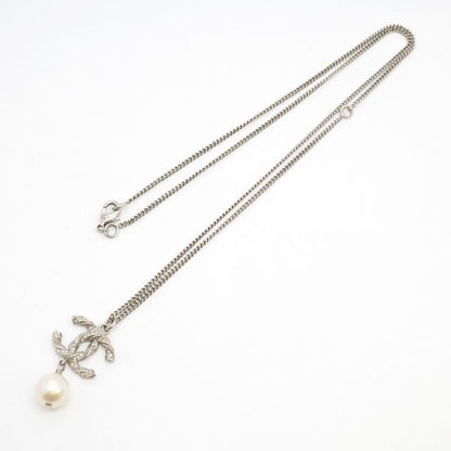 Chanel Necklace Coco Mark Metal Faux Pearl Rhinestone Silver Ladies