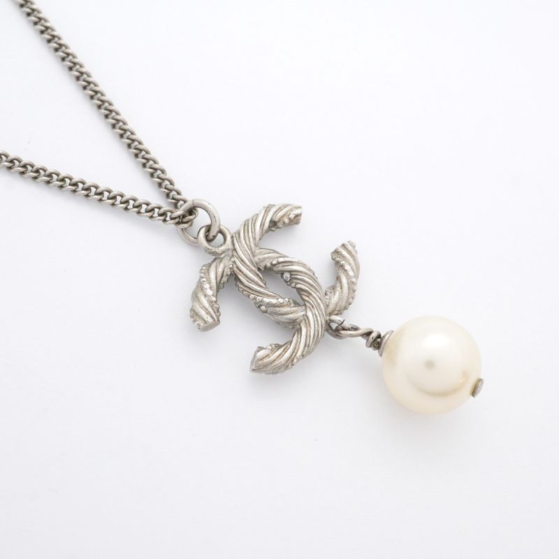 Chanel Necklace Coco Mark Metal Faux Pearl Rhinestone Silver Ladies
