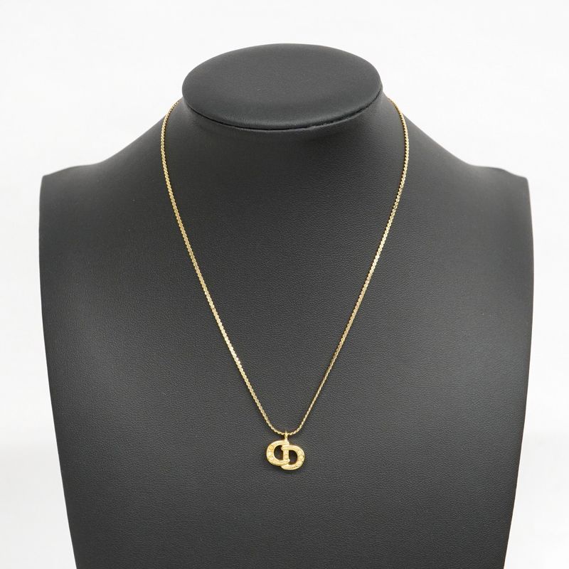 Christian Dior Necklace CD Logo GP Plated Rhinestone Gold Ladies