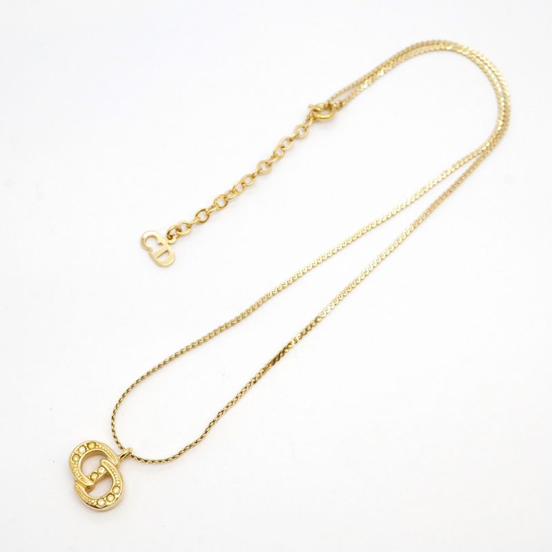 Christian Dior Necklace CD Logo GP Plated Rhinestone Gold Ladies