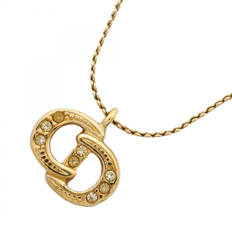 Christian Dior Necklace CD Logo GP Plated Rhinestone Gold Ladies