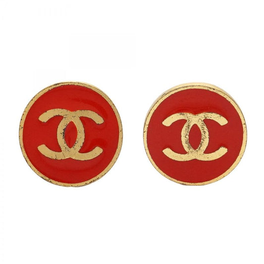 Chanel Earrings Coco Mark Round Shape Circle GP Plated Gold Red Ladies