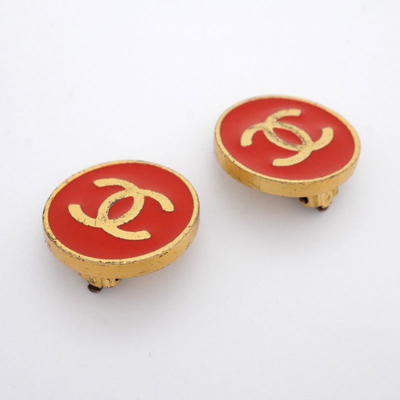 Chanel Earrings Coco Mark Round Shape Circle GP Plated Gold Red Ladies