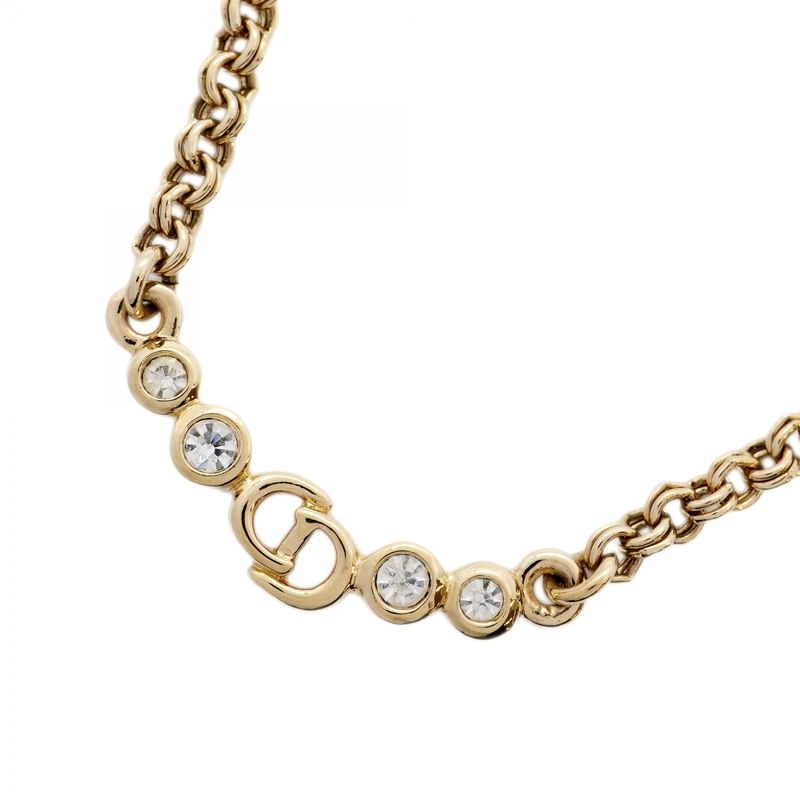 Christian Dior Necklace CD Logo GP Plated Rhinestone Gold Ladies