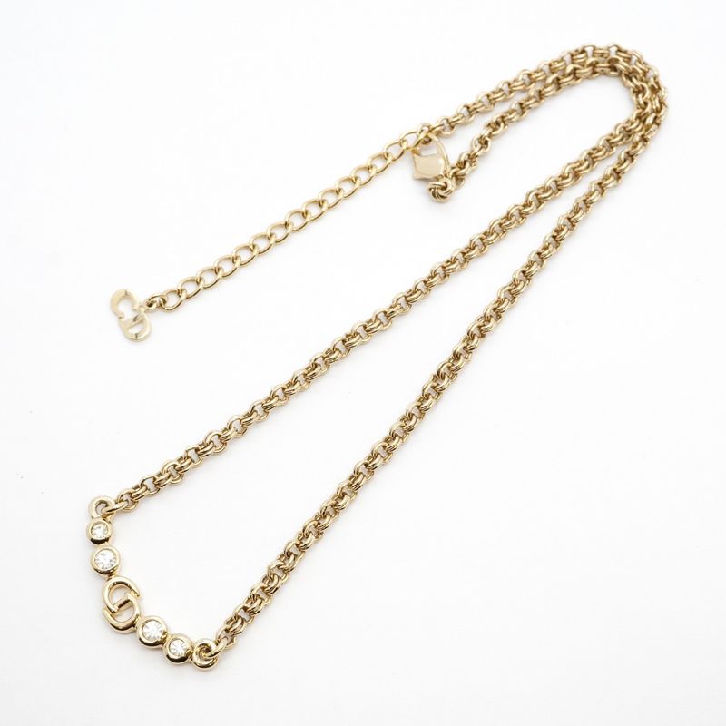 Christian Dior Necklace CD Logo GP Plated Rhinestone Gold Ladies