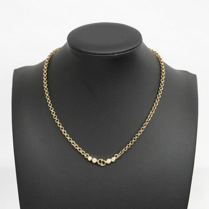 Christian Dior Necklace CD Logo GP Plated Rhinestone Gold Ladies