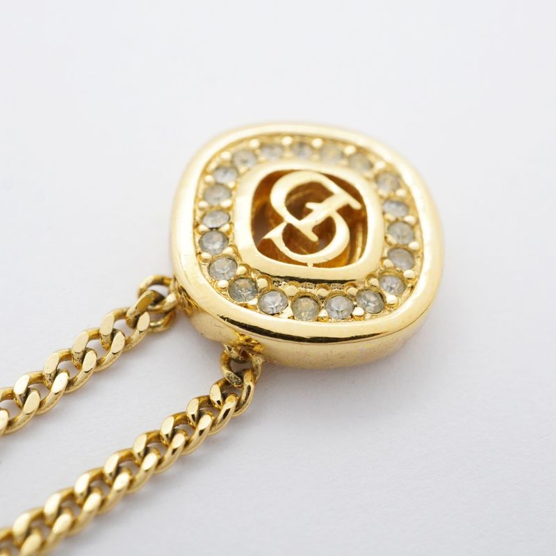 Christian Dior Necklace CD Logo GP Plated Rhinestone Gold Ladies