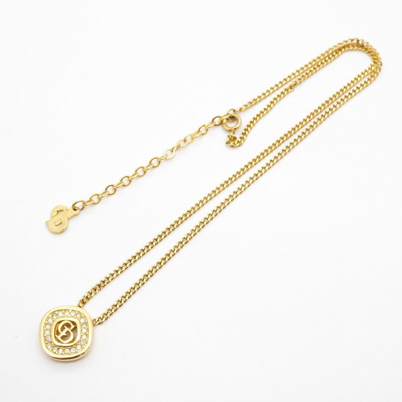 Christian Dior Necklace CD Logo GP Plated Rhinestone Gold Ladies
