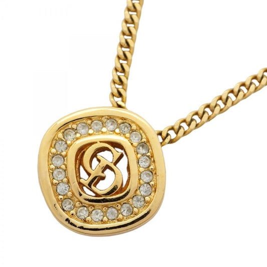 Christian Dior Necklace CD Logo GP Plated Rhinestone Gold Ladies