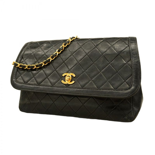 Chanel Shoulder Bag Matelasse Lambskin Black Gold Hardware Women