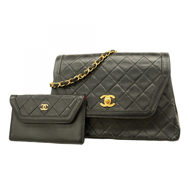Chanel Shoulder Bag Matelasse Lambskin Black Gold Hardware Women
