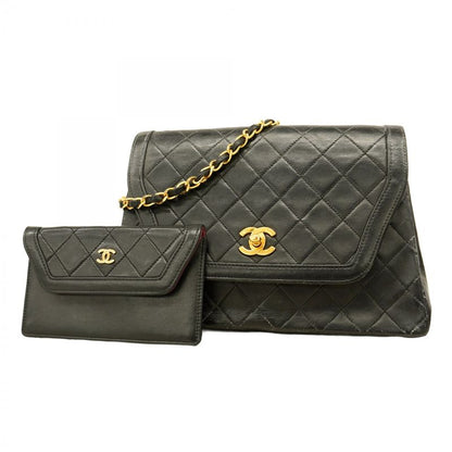 Chanel Shoulder Bag Matelasse Lambskin Black Gold Hardware Women