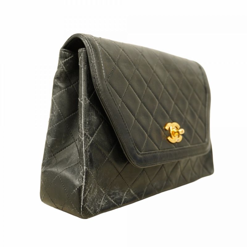 Chanel Shoulder Bag Matelasse Lambskin Black Gold Hardware Women