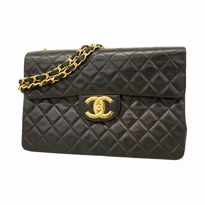 Chanel Shoulder Bag Deka Matelasse Lambskin Black Gold Hardware Women