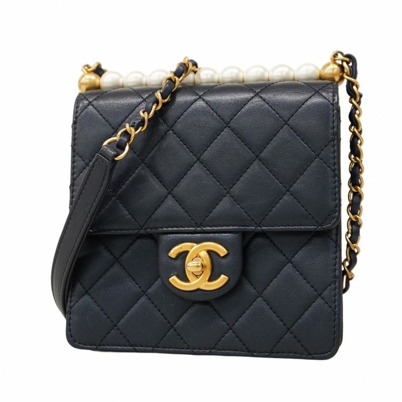 Chanel Shoulder Bag Matelasse Lambskin Navy Gold Hardware Women