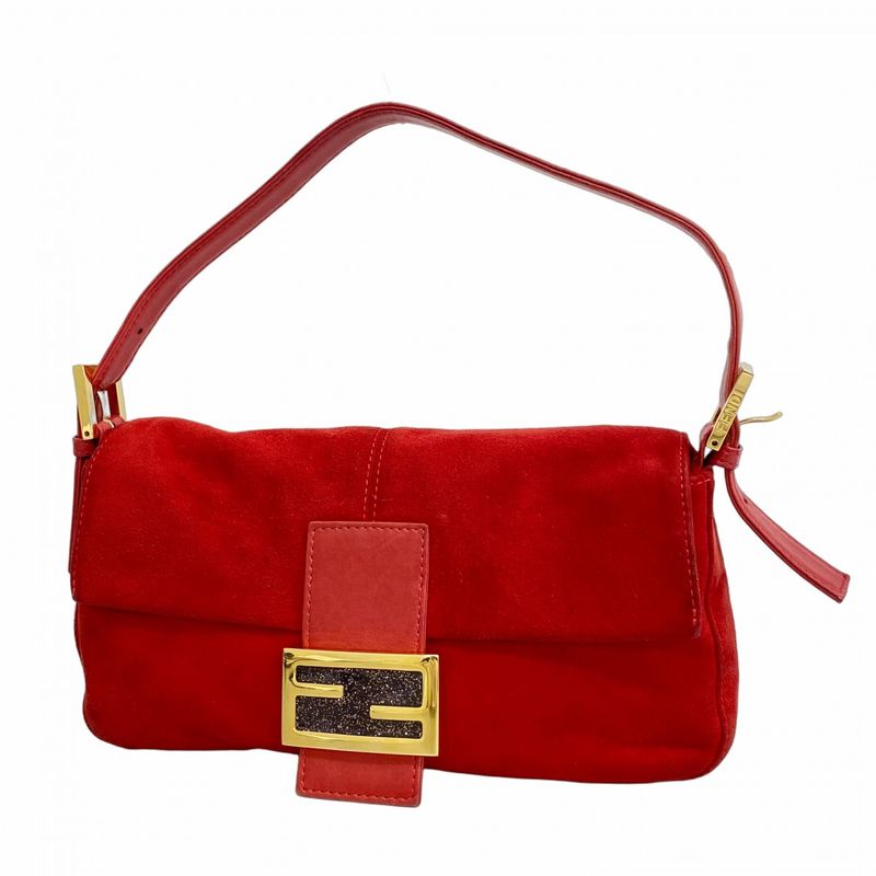 Fendi Handbag Mamma Bucket Suede Red Gold Hardware Women