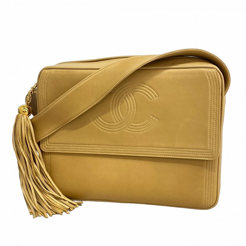 Chanel Shoulder Bag Lambskin Beige Gold Hardware Women