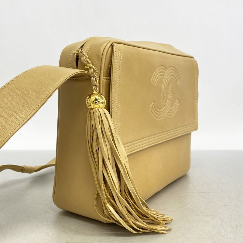 Chanel Shoulder Bag Lambskin Beige Gold Hardware Women