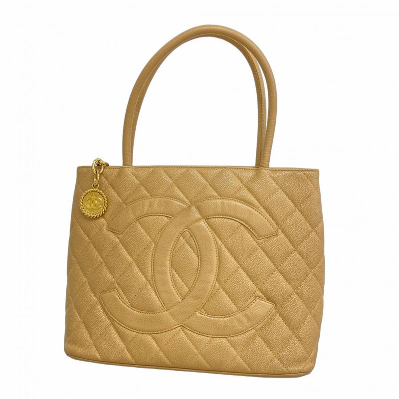 Chanel Tote Bag Revival Tote Caviar Skin Beige Gold Hardware Women's