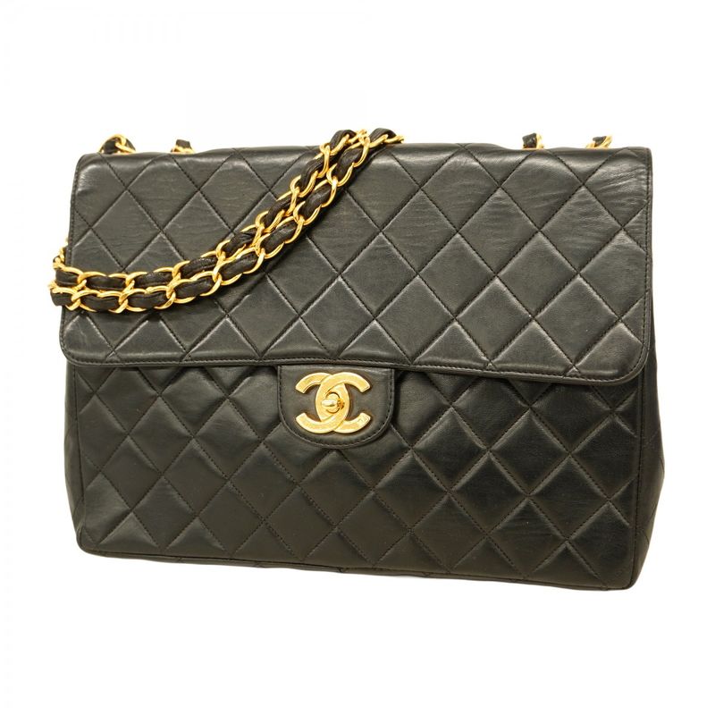 Chanel Shoulder Bag Deka Matelasse Lambskin Black Gold Hardware Women