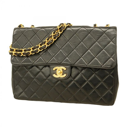 Chanel Shoulder Bag Deka Matelasse Lambskin Black Gold Hardware Women