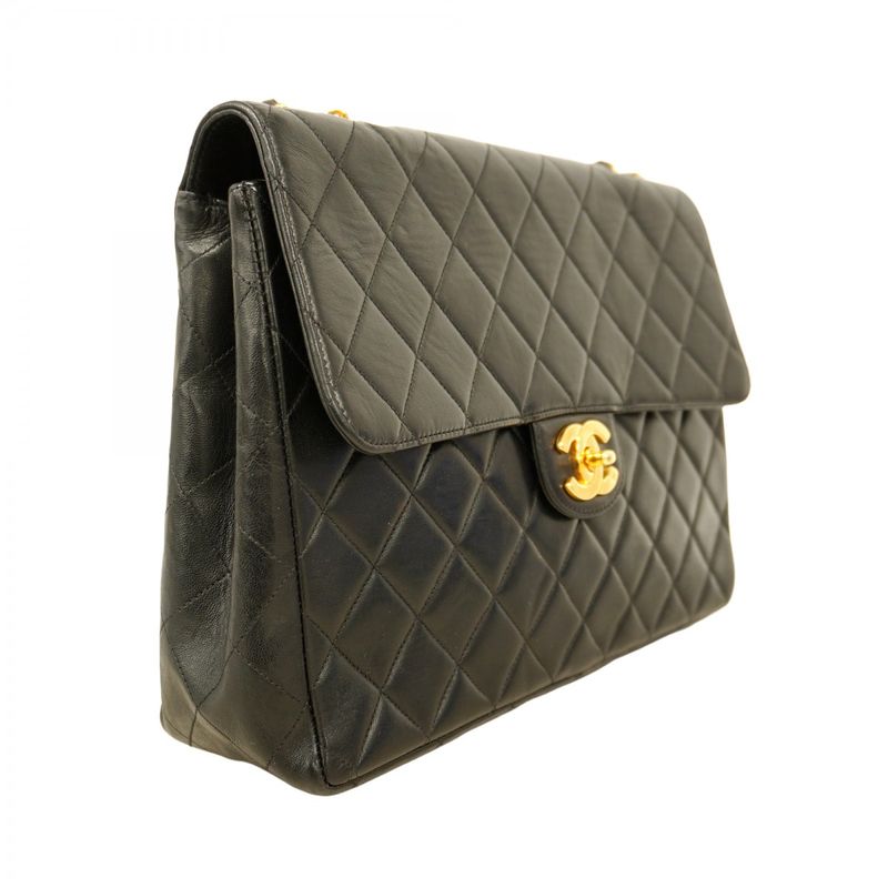 Chanel Shoulder Bag Deka Matelasse Lambskin Black Gold Hardware Women