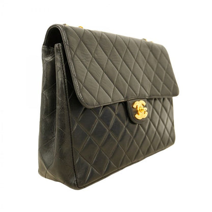 Chanel Shoulder Bag Deka Matelasse Lambskin Black Gold Hardware Women