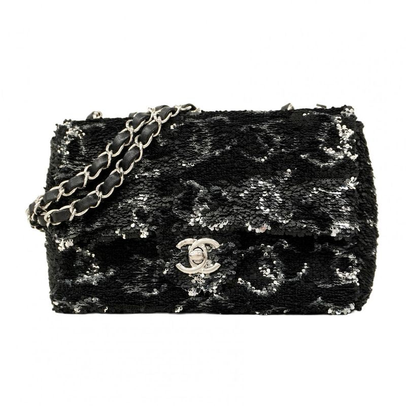 Chanel Shoulder Bag Sequined Black Silver Hardware Women