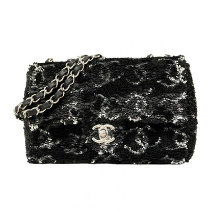 Chanel Shoulder Bag Sequined Black Silver Hardware Women