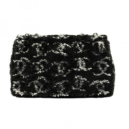 Chanel Shoulder Bag Sequined Black Silver Hardware Women