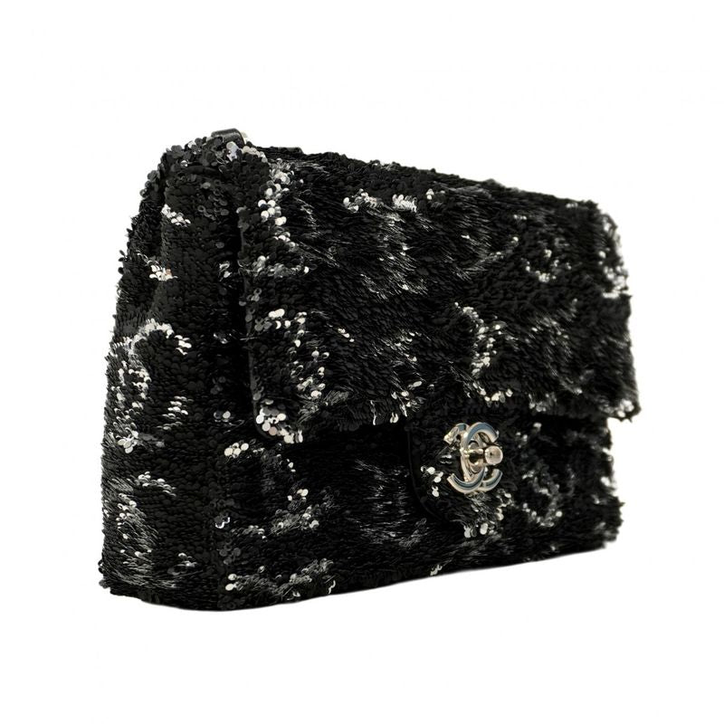 Chanel Shoulder Bag Sequined Black Silver Hardware Women