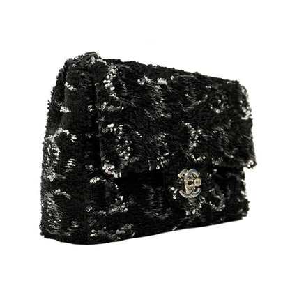 Chanel Shoulder Bag Sequined Black Silver Hardware Women