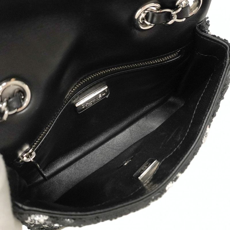 Chanel Shoulder Bag Sequined Black Silver Hardware Women