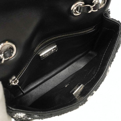 Chanel Shoulder Bag Sequined Black Silver Hardware Women