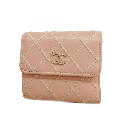 Chanel Trifold Wallet Wild Stitch Lambskin Pink Silver Hardware Women