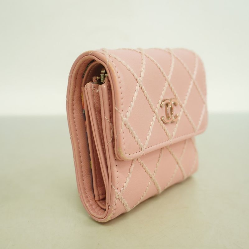 Chanel Trifold Wallet Wild Stitch Lambskin Pink Silver Hardware Women
