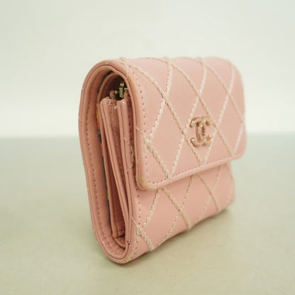 Chanel Trifold Wallet Wild Stitch Lambskin Pink Silver Hardware Women