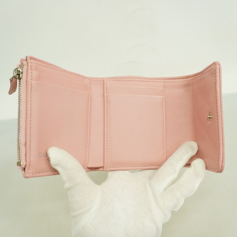 Chanel Trifold Wallet Wild Stitch Lambskin Pink Silver Hardware Women