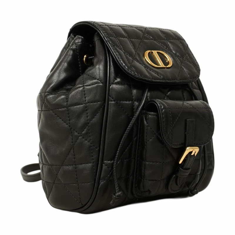 Christian Dior Backpack Daypack Caro Leather Black Gold Hardware Women