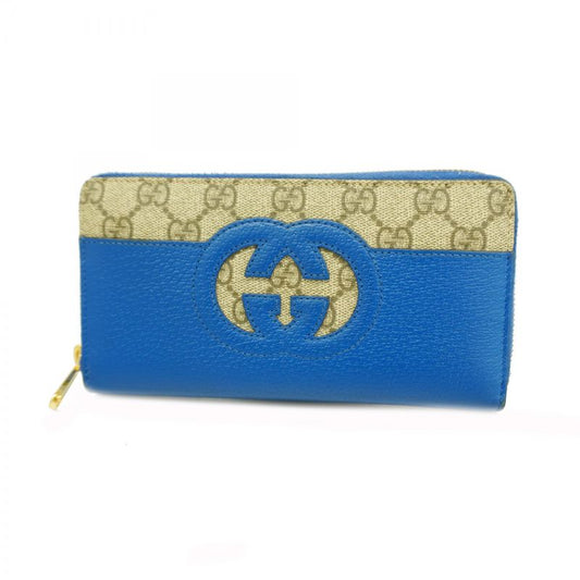 Gucci Long Wallet GG Supreme 701423 PVC Beige Brown Blue Gold Hardware Men